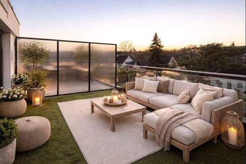 Visualisierung Einrichtungsbeispiel Dachterrasse - Wohnen mit Stil & Aussicht - Sofort einziehen: Doppelhaushälfte mit Penthouse-Feeling!