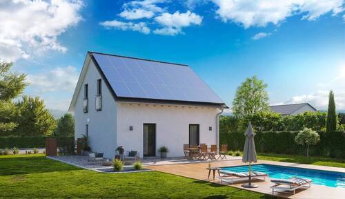 Gartenansicht Home2 mit Pool - Hier baut allkauf Ihr neues Zuhause