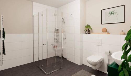 Ein modern gefliestes Badezimmer mit bodengleicher Dusche - 