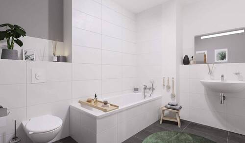 Das Badezimmer ist modern ausgestattet und enthält - Etagenwohnung mit 100,00 m&sup2; in Rostock zum Kaufen