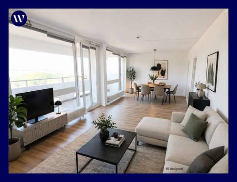 Wohnzimmer, (Möblierungsvorschlag KI) - Genießen Sie das Wohnen mit Fernblick! Frisch renoviert im 19. OG - 3 Zimmer + 2 Balkone + Aufzug