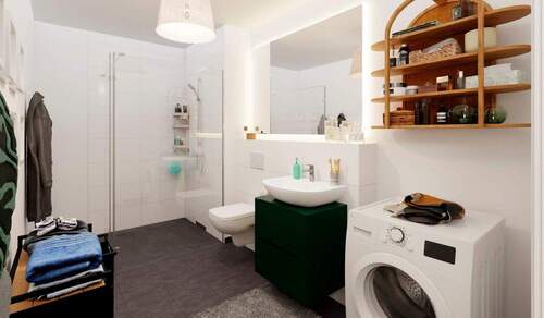 Badezimmer mit bodengleicher Dusche und Duschtrenn - Etagenwohnung mit 77,30 m&sup2; in Düsseldorf zum Kaufen