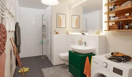 Badezimmer mit bodengleicher Dusche und Duschtrenn - 