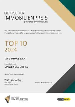 Urkunde Top 10 - Deustcher Immobilienpreis - 
