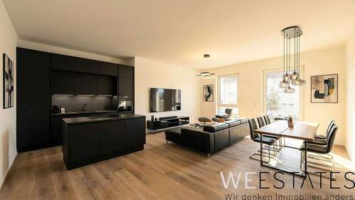 Wohn- und Esszimmer - Möblierungsbeispiel - Neubau - Erstbezug: Moderne 2-Zimmerwohnung mit Balkon in Düsseldorf Eller!