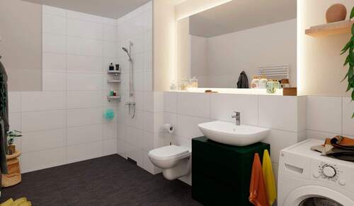 Modernes Bad mit bodengleicher Dusche und praktischem Waschmaschinenanschluss - Etagenwohnung mit 58,00 m² in Berlin zum Kaufen