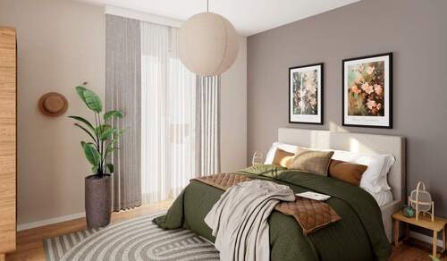 Ein Schlafzimmer, das Ruhe schenkt – mit natürlichem Licht dank bodentiefer Fenster und direktem Zugang zur Dachterrasse - 2 Zimmer Etagenwohnung in Berlin