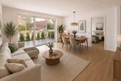 Wohnzimmer (KI-Homestaging) - Neubau-Erdgeschosswohnung mit Terrasse und stilvollem Wohnkomfort.