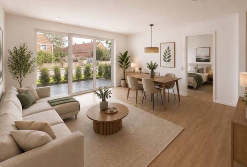 Wohnzimmer (KI-Homestaging) - Neubau-Erdgeschosswohnung mit Terrasse und stilvollem Wohnkomfort.