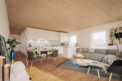 Wohnzimmer mit Ausblick zur Küche - Etagenwohnung mit 56,10 m&sup2; in Pentling zum Kaufen