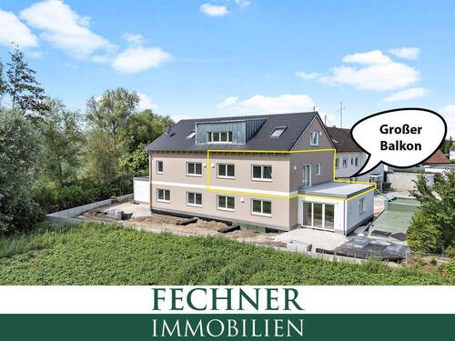 Außenansicht von Osten - NEUBAU: Ingolstadt-Süd (Hundszell) 2-Zimmer-Etagenwohnung (1. OG) mit großer Dachterrasse (27,42m²)