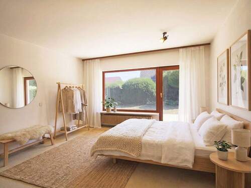 [KI-Einrichtungsbeispiel] Geräumiges Schlafzimmer mit Terrassenzugang - 