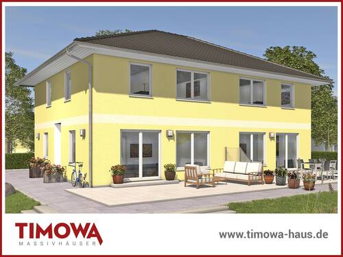 Ansicht der Terrassenseite des TIMOWA Doppelhauses Stadtvilla 125 - 
