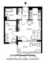 Grundriss mit Flur (4,60 qm,), Badezimmer (4,97 qm), Küche (4,86 qm), Schlafzimmer (9,34 qm), Wohnzimmer (18,03 qm) und Balkon (4,35 qm) - 1 Zimmer Etagenwohnung zur Miete in Bad Homburg vor der Höhe