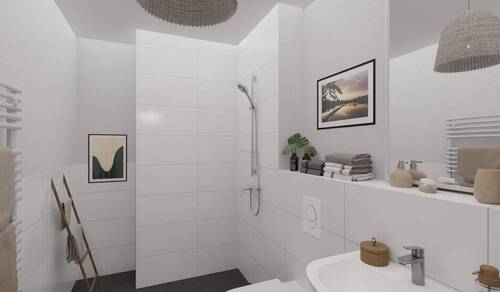 Modern gefliestes Bad mit bodengleicher Dusche - 3 Zimmer Etagenwohnung in Langen