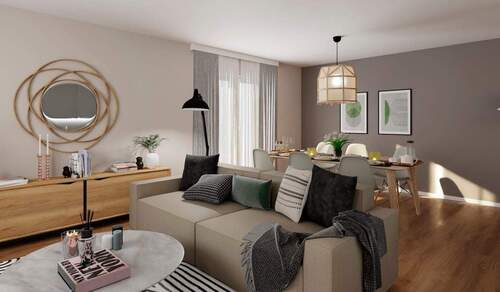 Großzügiger Wohnbereich mit offener Küche und angrenzendem Balkon - Komfortabel ausgestattete Wohnung mit zwei Bädern, Balkon und Keller