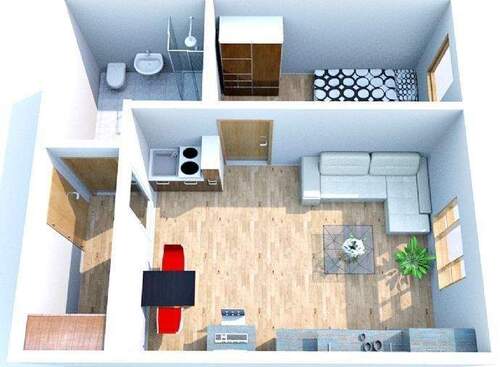 Grundriss 3D - helle 2-Raum-Wohnung mit Einbauküche und Tiefgaragenstellplatz, unbefristet vermietet