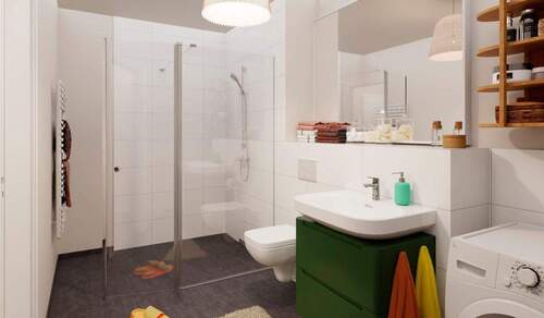 Eine bodengleiche Dusche gestaltet die Morgenrouti - Etagenwohnung mit 105,10 m&sup2; in Düsseldorf zum Kaufen