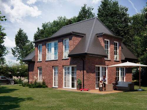 Visualisierung des genehmigten Hauses mit Südwest-Garten, Terrasse und Wohnzimmer - Optimales Baugrundstück für Energiesparhaus in Toplage von Hamburg-Volksdorf