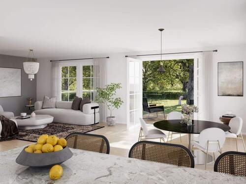 Visualisierung des genehmigten Hauses innen: offener Wohn-, Ess- und Kochbereich - Grundstück zum Kaufen in Hamburg