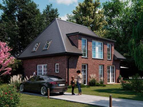 Visualisierung des genehmigten Hauses mit Eingang und Stellplatz - Grundstück in Hamburg zum Kaufen