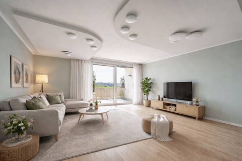 Wohnzimmer (digital gestaged) - 'Modernisiert auf Top-Niveau - ein Zuhause, das heute begeistert und morgen Bestand hat.'