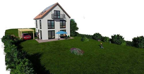 Genehmigte Planung eines freistehenden 2,5-geschossigen EFH + Visualisierung des genehmigten EFH; hier Ansicht Ost + mit Werkvertrag für Holzhaus von HolzhausFabrik Breisach - 