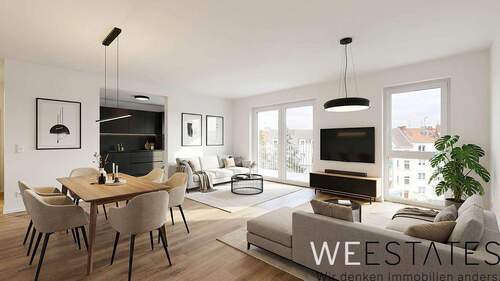 Wohn-und Esszimmer - Möblierungsbeispiel - 3 Zimmer Etagenwohnung zur Miete in Düsseldorf