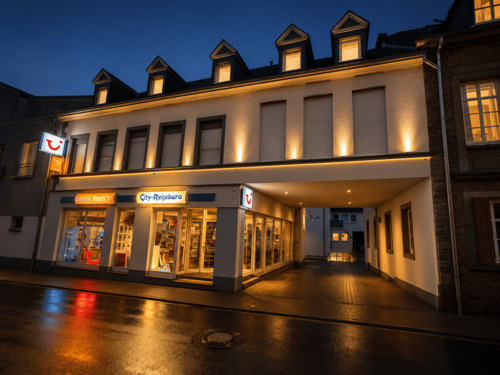 Abendliche Straßenszene mit Reisebüro.png - Frei ab sofort 2-Zimmer-Wohnung im 1. Obergeschoss Einbauküche Ohne Balkon Ohne PKW-Stellplatz