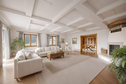 Wohnzimmer mit Blick auf Bibliothek gestaged - 