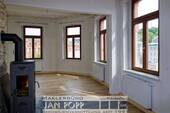 Wohnzimmer mit Kaminofen und Stuck - 2 Zimmer Etagenwohnung zur Miete in Greiz