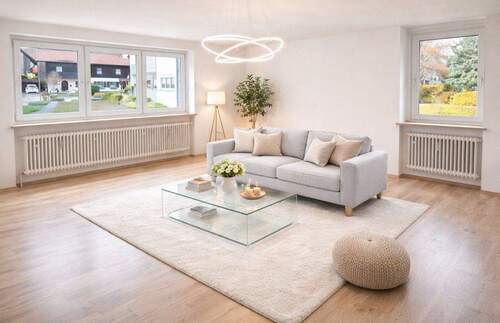 Symbolfoto Wohnzimmer, KI bearbeitet - 3-Zi. Erdgeschoss-Wohnung mit Balkon und Bergblick, sofort beziehbar