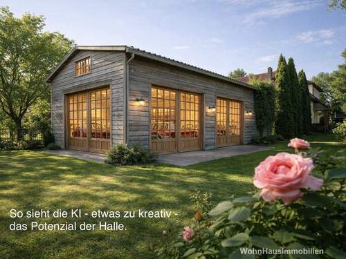 So sieht die KI das Potenzial der Halle - 300m² Nutzfläche plus 191m² Wohnfläche. Platz für Ihr Hobby!