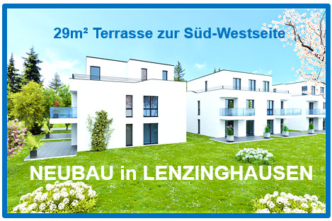 29m² Terrasse zur Süd- Westseite - In Lenzinghausen: NEUBAU- TERRASSEN- WHG. mit privatem Gartenanteil zur Eigennutzung.