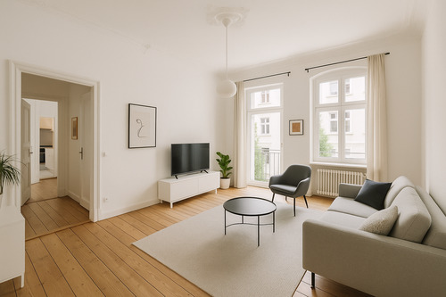 Wohnzimmer - Friedrichshain: Gepflegte 2-Zimmer-Altbauwohnung (52 m²) mit Balkon im 1. OG – attraktive Kiezlage, gute Infrastruktur & klassischer Altbaucharakter