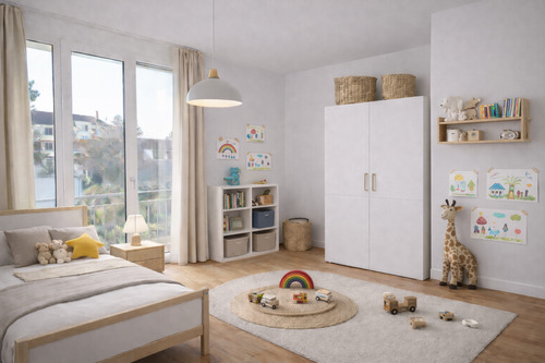 Kinderzimmer mit bodentiefen Fenstern - KI Möbel - 