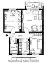 Grundriss mit Wohnzimmer (ca. 19 m²), Schlafzimmer (ca. 15m²), Kinder-/Arbeitszimmer (ca. 10,7m²), Bad (ca. 3,7m²), Küche (ca. 6,5m²), Flur (ca. 6,3m²) und Balkon (ca. 2,5m²) - 