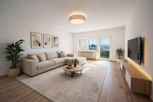 Wohnzimmer (visualisiert) - Familienfreundliche 3,5-Zimmer-Wohnung mit Pool, Spielplatz, Tiefgarage und vielem mehr!