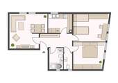 1.-2. OG rechts, 3-Zimmer-Grundriss bestehend aus Flur, abgeschlossener Küche, Bad mit Badewanne, Wohnzimmer, ein Schlafzimmer und ein Kinderzimmer. - 