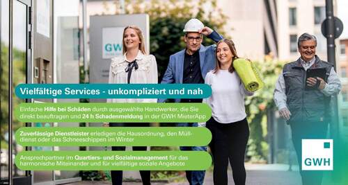 Services: Hilfe bei Schäden durch ausgewählte Handwerker mit Direktbeauftragung und 24h Schadenmeldung in der App. Dienstleister erledigen Hausordnung, Mülldienst oder Schneeschippen. Ansprechpartner im Quartiers- / Sozialmanagement. - 