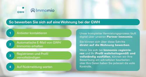 GWH-Vermietungsprozess: Anbieter kontaktieren, Registrierungs-Mail erhalten, Profil erstellen, Rückmeldung abwarten; Prozess läuft über Immomio: Zur raschen Bearbeitung dort registrieren, Profil befüllen, volle Datenkontrolle behalten - 