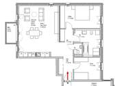 3-Zimmer-Grundriss bestehend aus Flur, offener Küche, Tageslichtbad mit Badewanne, separates WC, Wohnzimmer mit Zugang auf die Terrasse Balkon, ein Schlafzimmer und ein weiteres Zimmer. - 