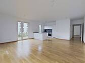 Ansicht I: Wohn- und Esszimmer mit Zugang zur Terrasse - Lichtdurchflutetes Design: Neuwertige 3-Zimmer-Wohnung mit Terrasse, EBK u.v.m.