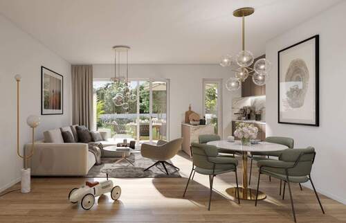 Visualisierung 1 Wohnen, Essen, Kochen - NEUBAUPROJEKT LANGE 30 - Barrierefreie 4-Raum-Gartenwohnung mit Terrasse, 2 Bädern und Parkettboden