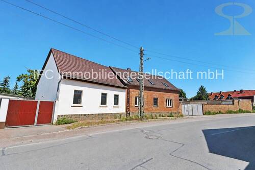 Hausansicht / Straßenseite - Vielseitige Wohn- und Gewerbeimmobilie in Dessau OT Mildensee - Wohnhaus, Büros, Hallen u. Werkstatt