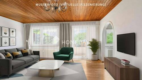 Wohnzimmer 1-Musterfoto (virtuelle Inszenierung)5 - Drei-Zimmer-Wohnung im Hochparterre mit Balkon, Garten und Stellplatz