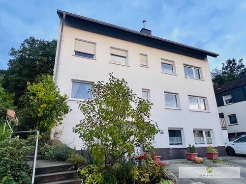 Vorderansicht des Objektes mit PKW-Stellplätzen und 2 Garagen - 