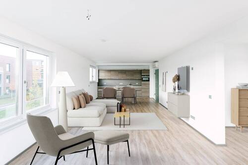 Wohnzimmer mit integrierter Einbauküche (Einrichtungsbeispiel) - 