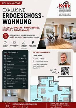 Flyer erstellt mi KI - Stilvolle - EG - Neubauwohnung, mit 3 flexiblen Grundrissvarianten - mit 2,5 oder 3,5 Zimmer möglich