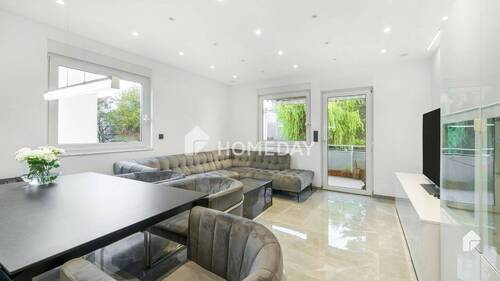 Wohnzimmer 2 - Luxuriös und komplett möbliert: Hochwertige 4-Zimmer-Wohnung mit EBK, Loggia, Fitnessbereich und TG
